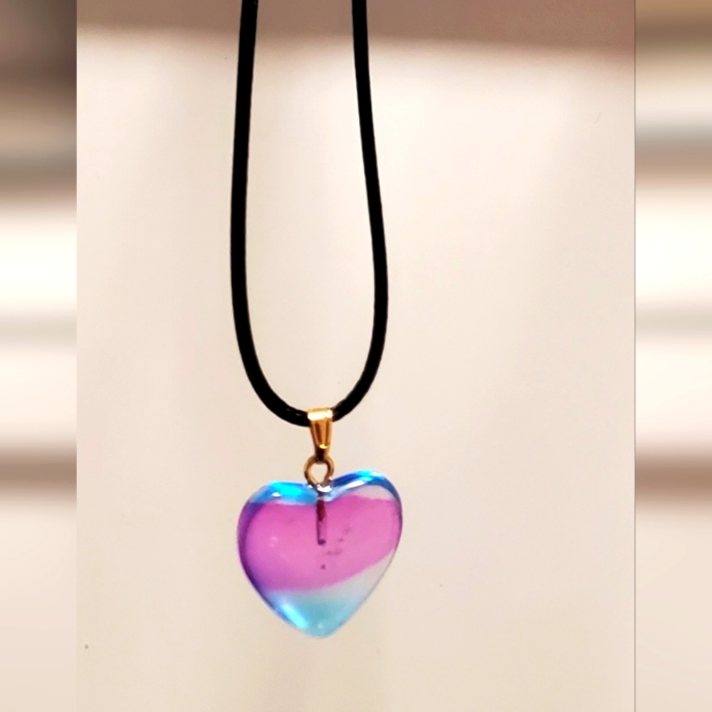 Handmade, Blue/Pink Ombre  Heart Glass Charm, 18in Cord w/ 2in extender